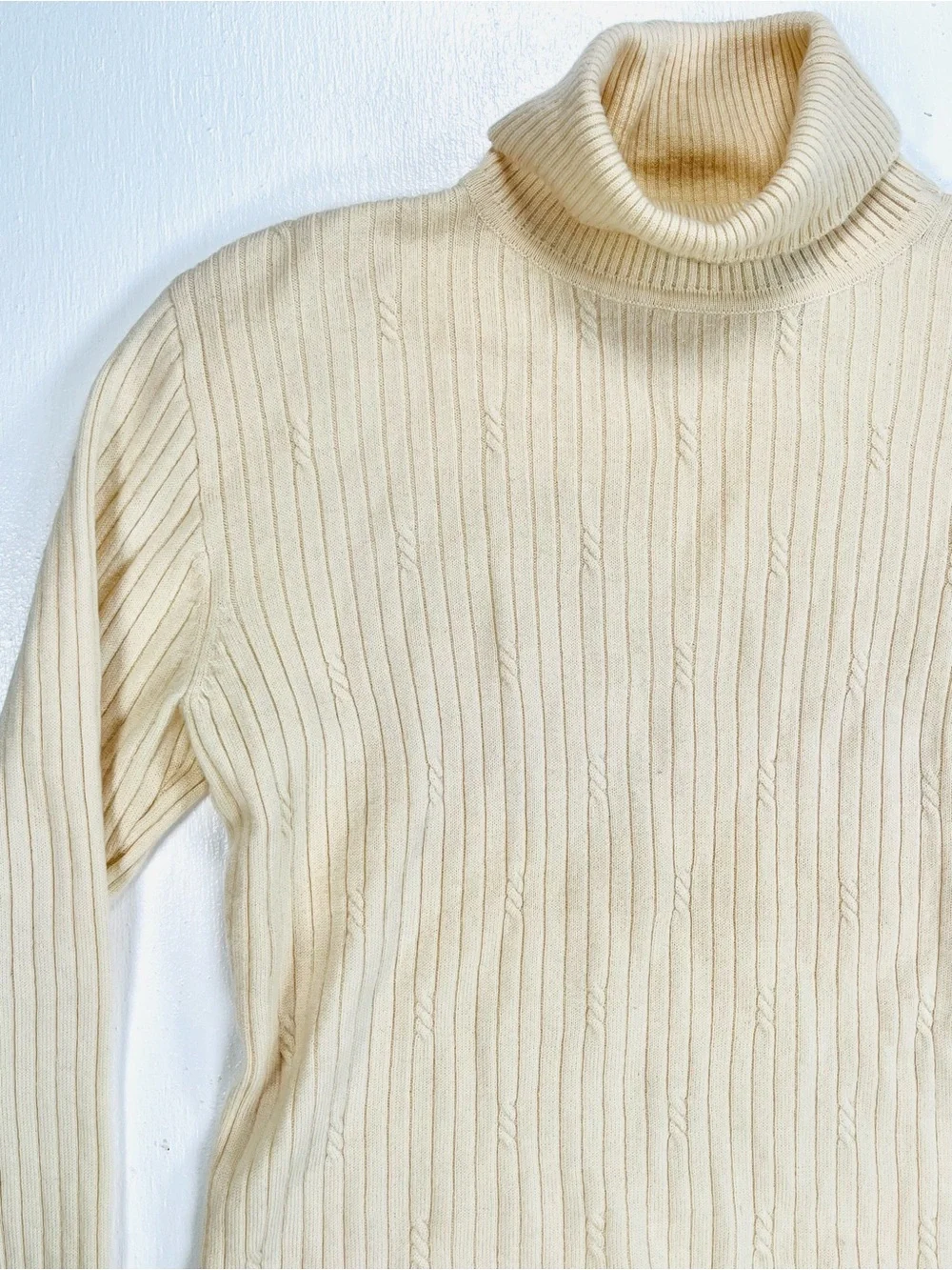 Liz Claiborne 100% Merino Wool Vintage Cream Ribbed Turtleneck Sweater Size L